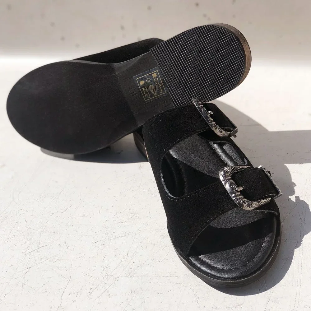NEW Black Faux Suede Western Metal Buckled Straps Slides Slip On Sandals Shoes - Picture 7 of 12
